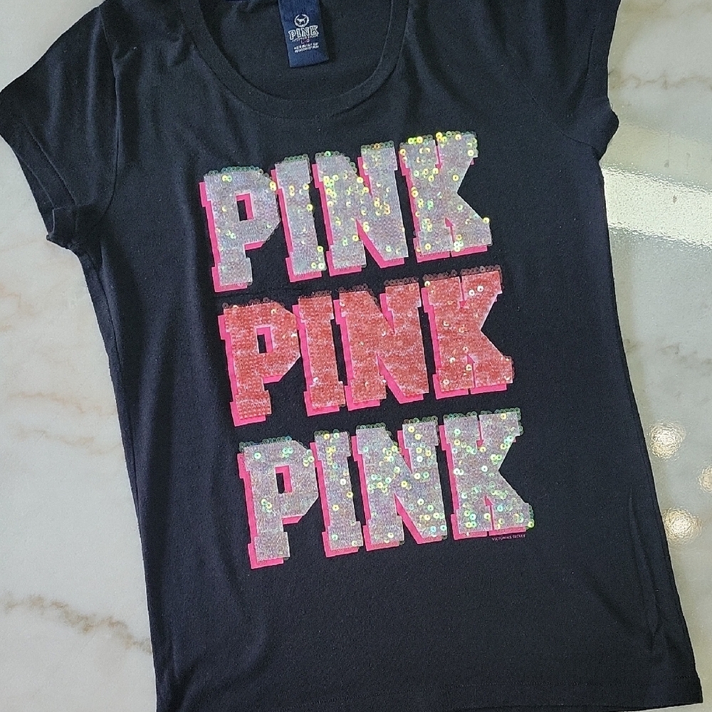 PINK Victoria's Secret Black Tee with Pink Sequin Logo - Picture 2 of 5